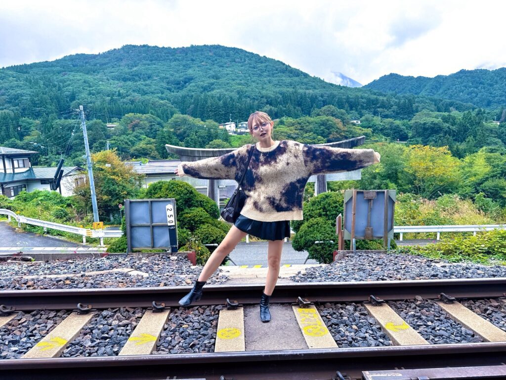 山あいの線路上で撮影された写真